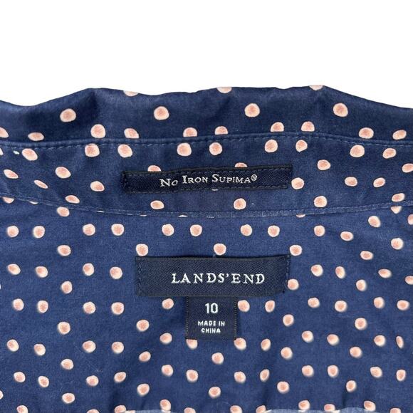 Lands' End Womens Navy Polka Dot No-Iron Supima Cotton Button-Up Shirt 10 - Picture 8 of 10